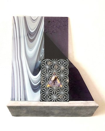 Lex Shute_Altar Study II (Alchemy of Agates, Knives), 2023. Ink, graphite on photographic paper, zinc, glass, wood, concrete, 38x30x7cm_web